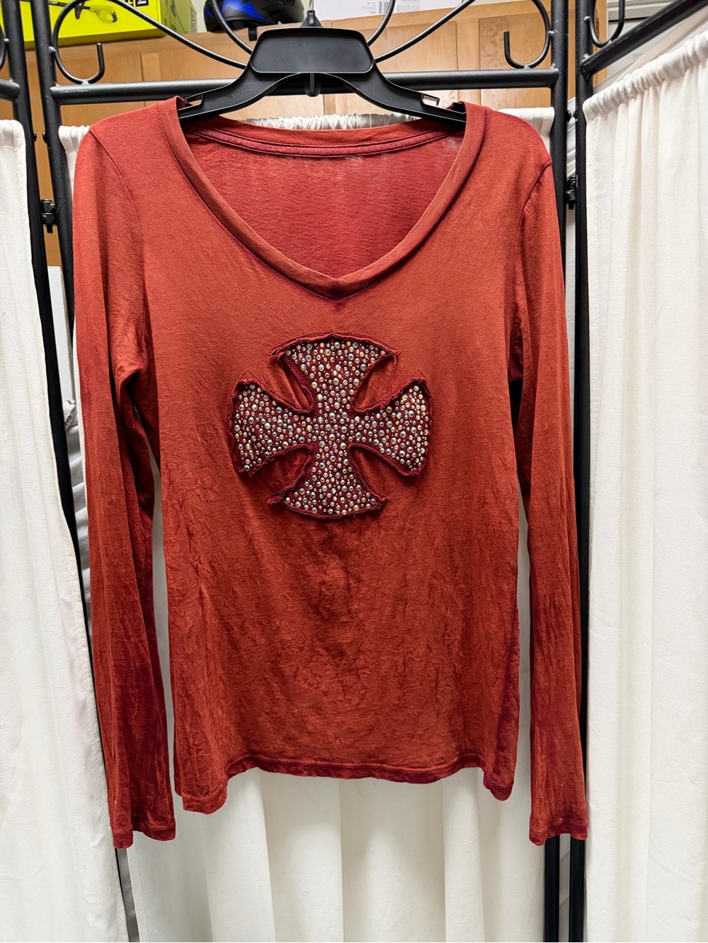 100% Cotton Long-Sleeve V-Neck Top with Beaded Cross - Rust